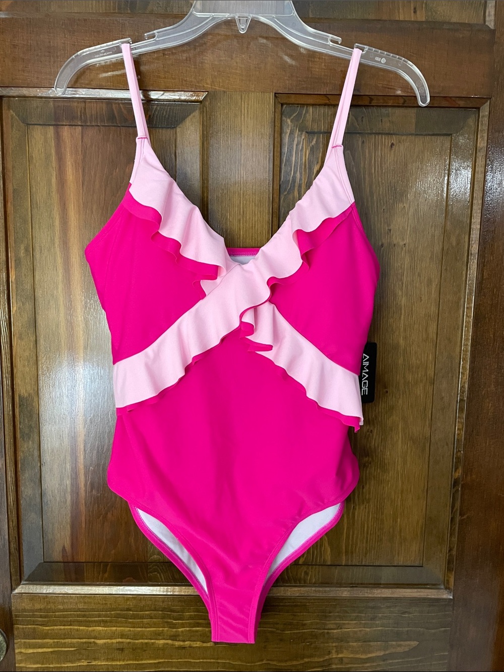 Aimage swimsuit, double crisscross ruffle, adjustable straps, size L, NWT